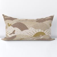 Woodland animals mountains and clouds landscape with fox, eagle, mouse, rabbit, moose and squirrel in  beige and gold