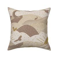 Woodland animals mountains and clouds landscape with fox, eagle, mouse, rabbit, moose and squirrel in  beige and gold