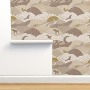 Woodland animals mountains and clouds landscape with fox, eagle, mouse, rabbit, moose and squirrel in  beige and gold