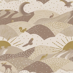 Woodland animals mountains and clouds landscape with fox, eagle, mouse, rabbit, moose and squirrel in  beige and gold
