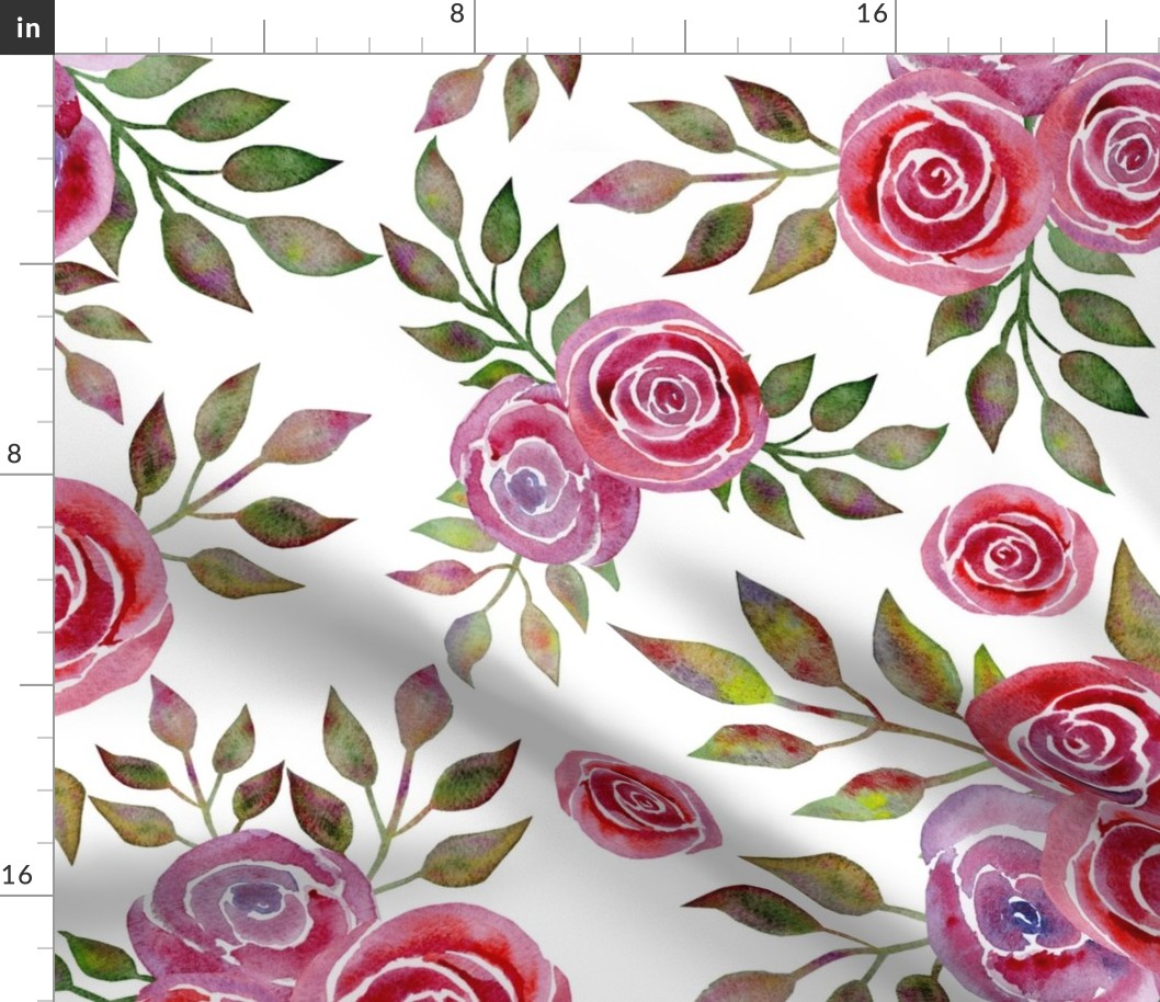Watercolour pattern, pink roses, white background. Seamless floral pattern-306.