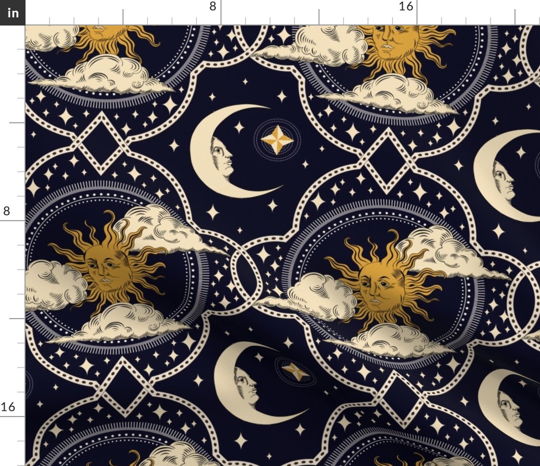 (L) Esoteric celestial sun and moon gravure on midnight blue