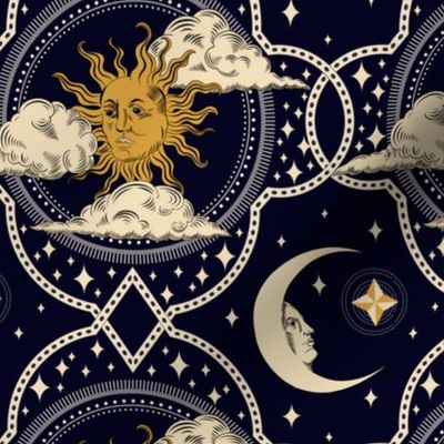 (M) Esoteric celestial sun and moon gravure on midnight blue