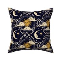 (M) Esoteric celestial sun and moon gravure on midnight blue