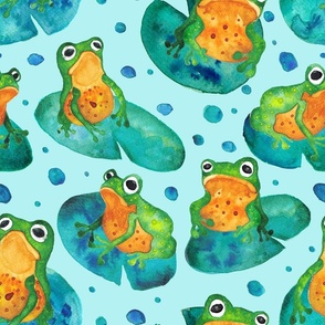 Watercolor Frogs and Lillipads on Blue