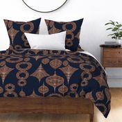 Coconut Shell Taino Geometry: Navy Blue, Brown, Large
