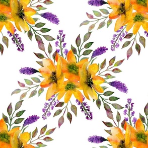 Watercolour yellow and magenta flowers, white background. Seamless floral pattern-308.