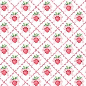 Watercolor Strawberries Pink Bows Wavy Trellis SMALL