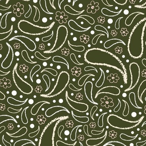 Large_Hand Drawn Off-White Rain Drops and Pink Flowers on Dark Olive Green Background