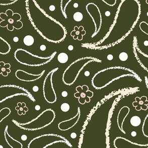 Extra Large_Hand Drawn Off-White Rain Drops and Pink Flowers on a Dark Olive Green Background
