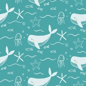 Green under sea whales with jellyfish, starfish in turquoise, cyan and peach