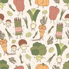 Funny Vegetables - Broccoli, Asparagus, Carrot, Pepper, Leek, Pumpkin, Mushrooms on Beige BG 