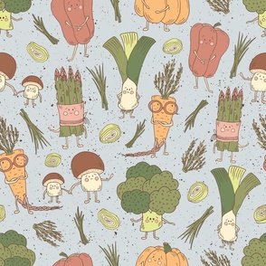 Funny Vegetables - Broccoli, Asparagus, Carrot, Pepper, Leek, Pumpkin, Mushrooms on Gray Blue BG