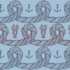 nautical rope, anchors and lobsters blue grey red