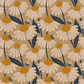 Coneflowers and bees - beige background
