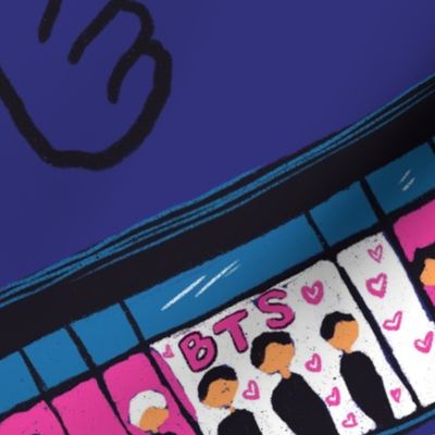 South Korean pop design with BTS, karaoke, fried food, Soju, kimchi, lucky numbers on purple