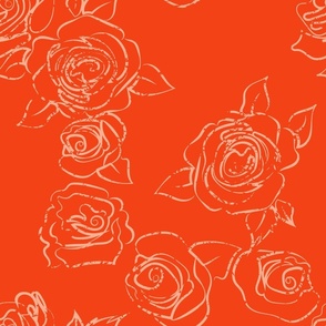 Large Scale Elegant Climbing Roses textured in Bright Orange and Peachy Pink