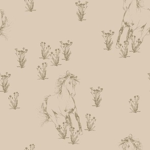 Hand drawn Wild Horses Sketch with Flowers - Sage on Light Brown