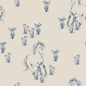 Hand drawn Wild Horses Sketch with Flowers - Navy on Off white
