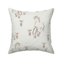 Hand drawn Wild Horses Sketch with Flowers - Taupe on Off white