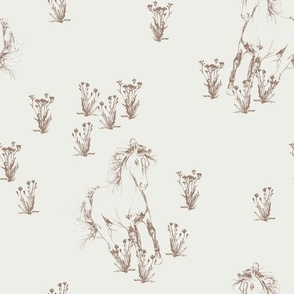 Hand drawn Wild Horses Sketch with Flowers - Taupe on Off white
