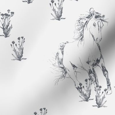 Hand drawn Wild Horses Sketch with Flowers - Gray on Off white