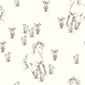 Hand drawn Wild Horses Sketch with Flowers - Taupe on Cream White