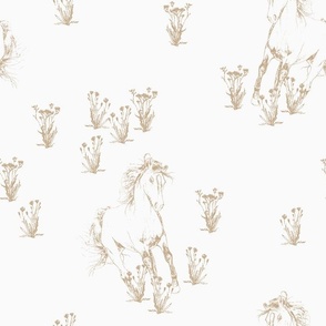 Hand drawn Wild Horses Sketch with Flowers - Light Ginger on Off white