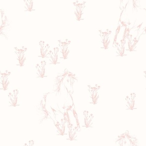 Hand drawn Wild Horses Sketch with Flowers - Silk Pink on Off white