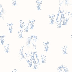 Hand drawn Wild Horses Sketch with Flowers - Light Blue on Off white