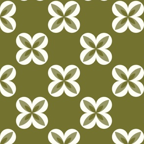 Large -Monochrome Geometric flowers in Sage green and off white Half drop