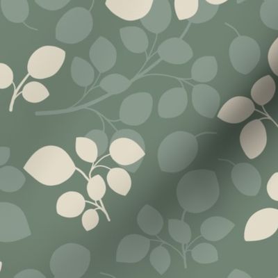 Soft Minimalistic Tossed Style Leaves in ivory and green ( medium scale )