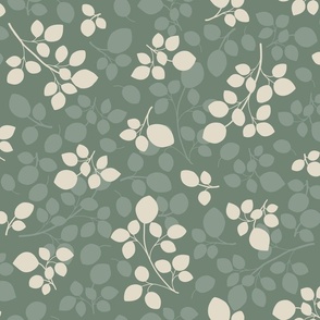Soft Minimalistic Tossed Style Leaves in ivory and green ( medium scale )