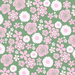 Green Pink White Retro Y2K 70s Flower Pattern