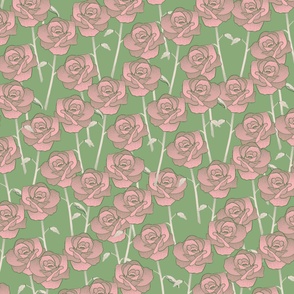 Green Pink Rose Retro Y2K 70s Flower Pattern