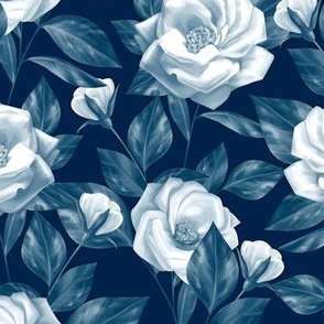 Dark blue floral pattern with roses flowers Large Scale