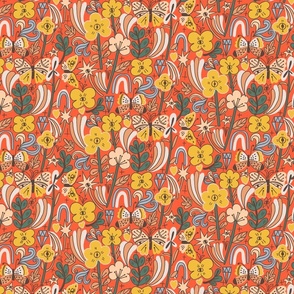 LARGE: Made up Yellow Bright Flowery garden of stars eyes leaves and white peach butterflies on orange