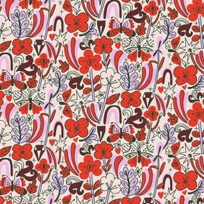 LARGE: Made up Bright red Flowery garden of stars eyes leaves and red pink butterflies on off-white