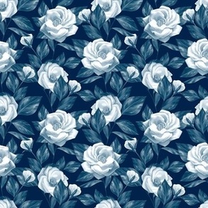 Dark blue floral pattern with roses flowers Small Scale