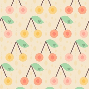 I-love-kitschy-1950s-vintage-pink-yellow-orange-retro-cherries-with-hearts-mint-green-foliage-XL-jumbo