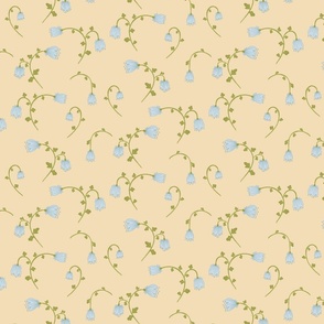 Retro Bellflowers with stems light blue on beige scattered