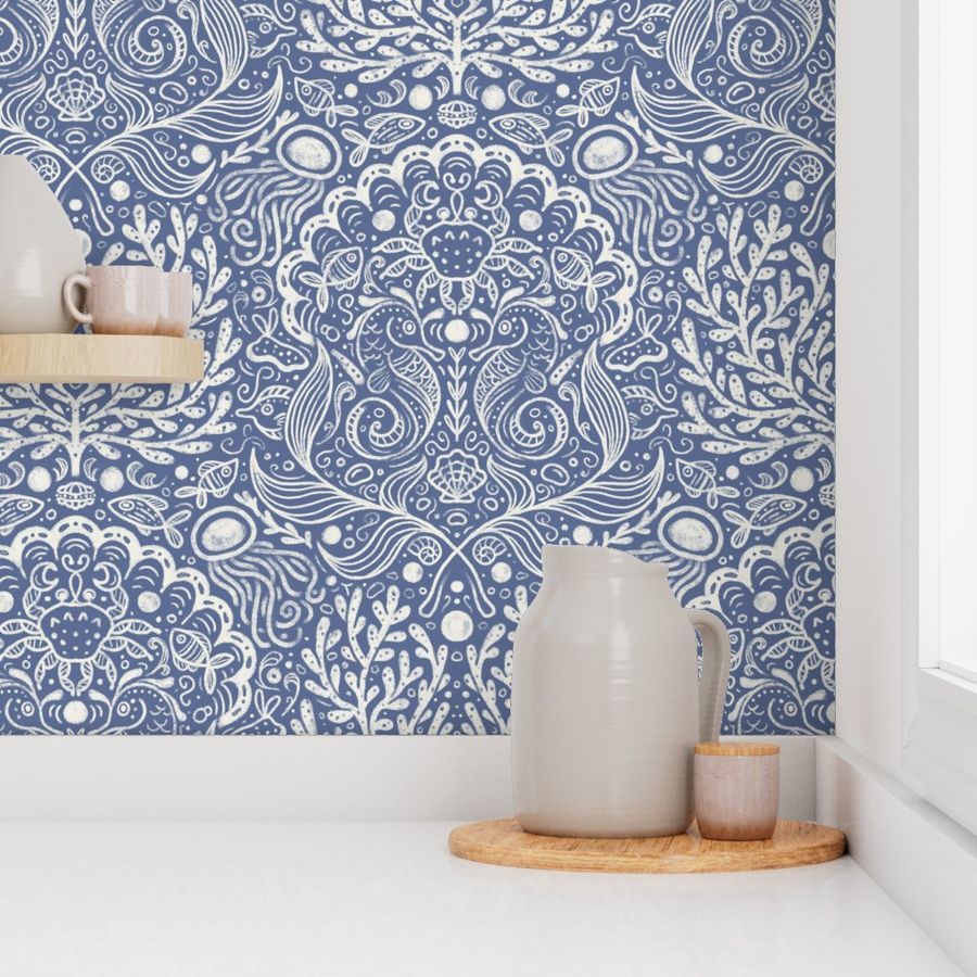 Seahorse Symphony Damask | Blue Nova | Nautical Coastal Beach