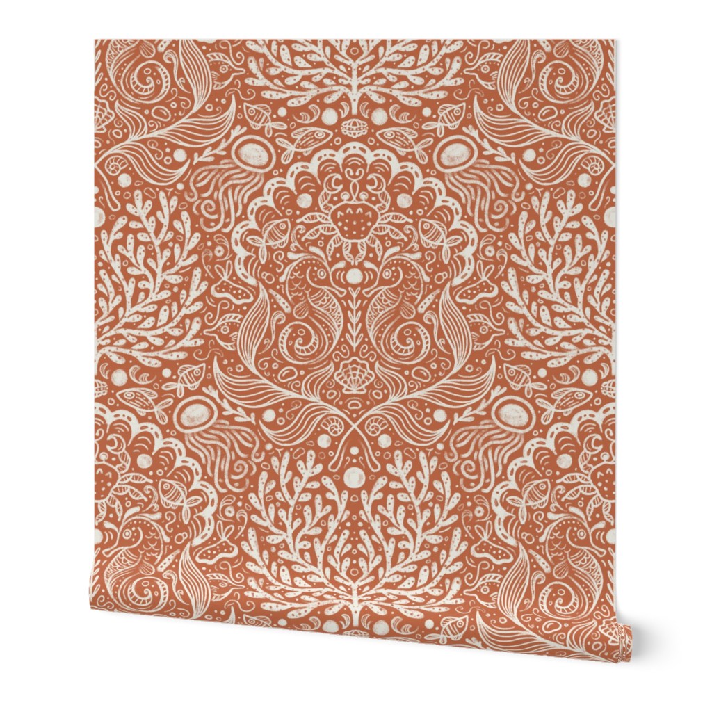 Seahorse Symphony Damask | Brown Topaz | Nautical Coastal Beach