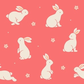 Medium scale / Bunnies and blooms beige on soft red / Cute spring bunny rabbits peach pink daisy flowers in light cream ivory on warm bright salmon rose / Playful woodland forest baby animals