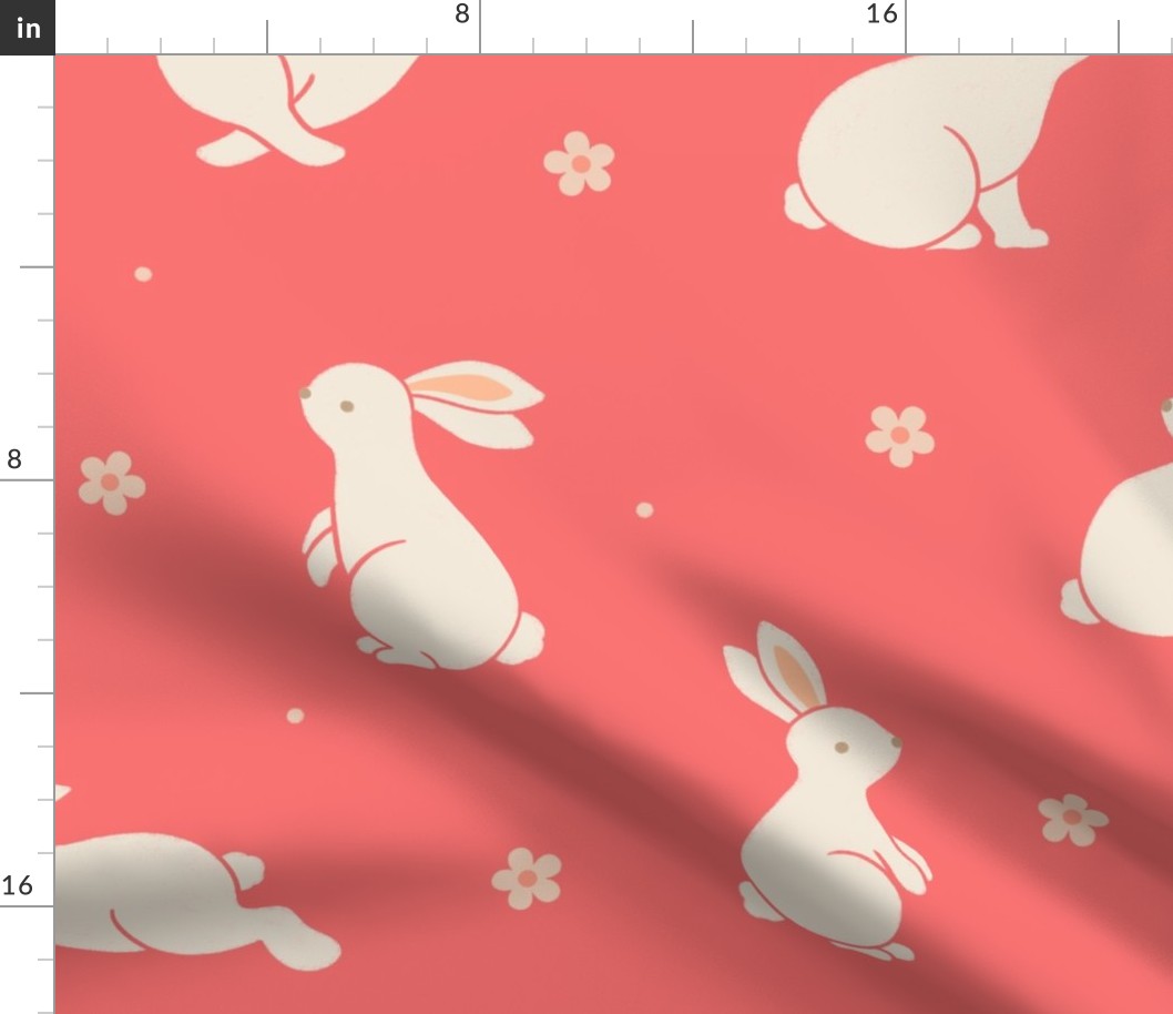 Large scale / Bunnies and blooms beige on soft red / Cute spring bunny rabbits peach pink daisy flowers in light cream ivory on warm bright salmon rose / Playful woodland forest baby animals