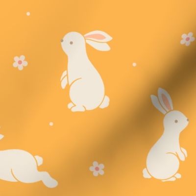 Medium scale / Bunnies and blooms beige on bright mustard yellow / Cute spring bunny rabbits peach pink daisy flowers in light cream ivory on warm rich boho sunny goldenrod / Playful woodland forest baby animals