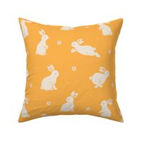 Medium scale / Bunnies and blooms beige on bright mustard yellow / Cute spring bunny rabbits peach pink daisy flowers in light cream ivory on warm rich boho sunny goldenrod / Playful woodland forest baby animals