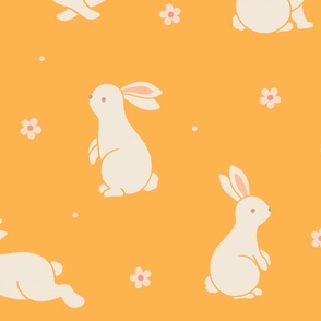 Large scale / Bunnies and blooms beige on bright mustard yellow / Cute spring bunny rabbits peach pink daisy flowers in light cream ivory on warm rich boho sunny goldenrod / Playful woodland forest baby animals