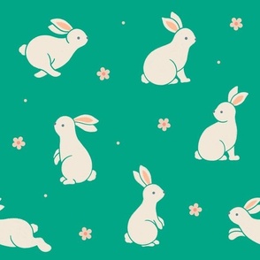 Medium scale / Bunnies and blooms beige on bright green / Cute spring bunny rabbits peach pink daisy flowers in light cream ivory on warm rich jewel emerald / Playful woodland forest baby animals