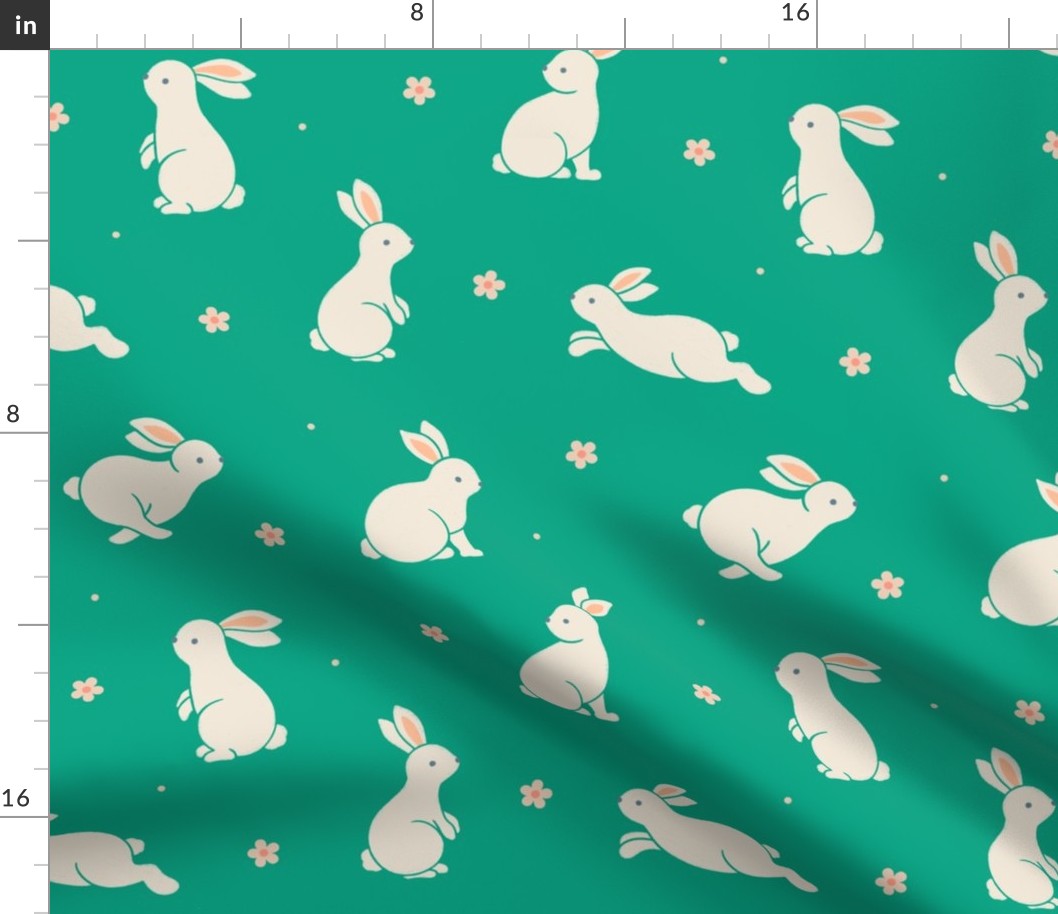 Medium scale / Bunnies and blooms beige on bright green / Cute spring bunny rabbits peach pink daisy flowers in light cream ivory on warm rich jewel emerald / Playful woodland forest baby animals